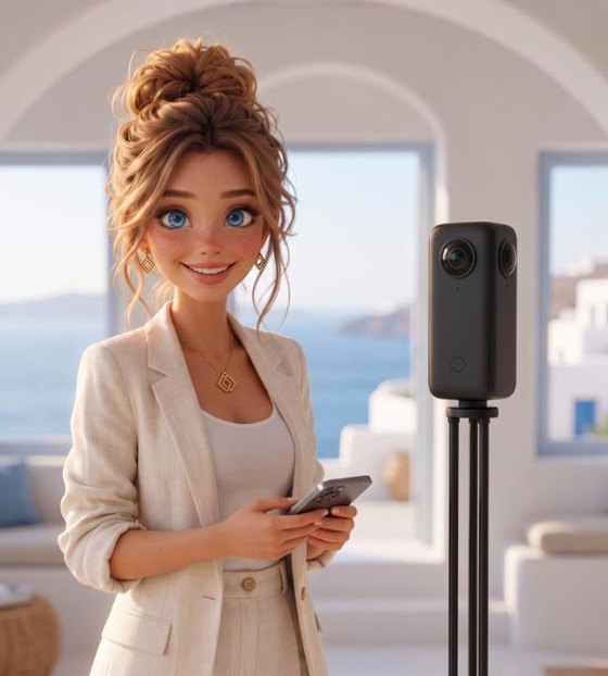 Vivi, the Vivestia host, next to a 3D tour camera